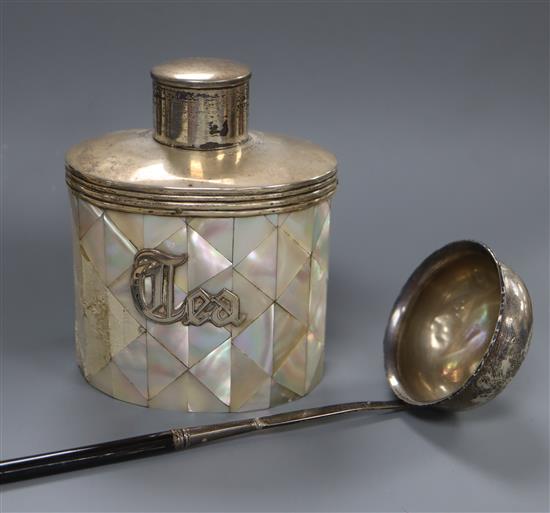 A late Victorian silver mounted mother of pearl oval tea caddy, Saunders & Shepherd, London 1896 and a Georgian toddy ladle